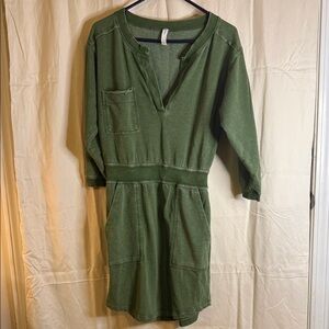 Casual Olive Green Mini Dress with Patch Pockets